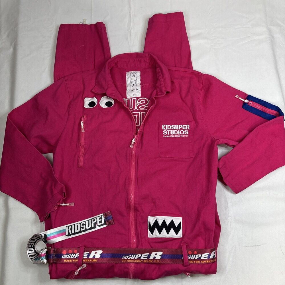 Kidsuper Studio J BALVIN Pink Jumpsuit Size Large Belt Embroidered Patches